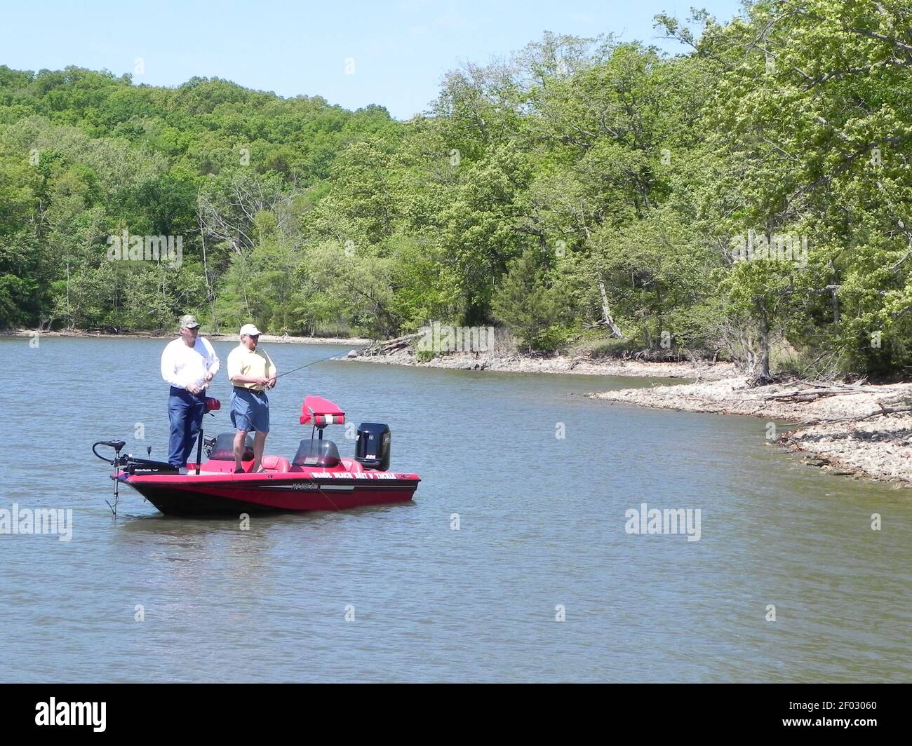 Crappies are carriers for spring fever at Lake of the Ozarks. On a recent weekday, Bill Cassidy (left) and Jim Divincen fished a rocky bank for the panfish. (Photo by Brent Frazee/Kansas City Star/MCT/Sipa USA) Stock Photo