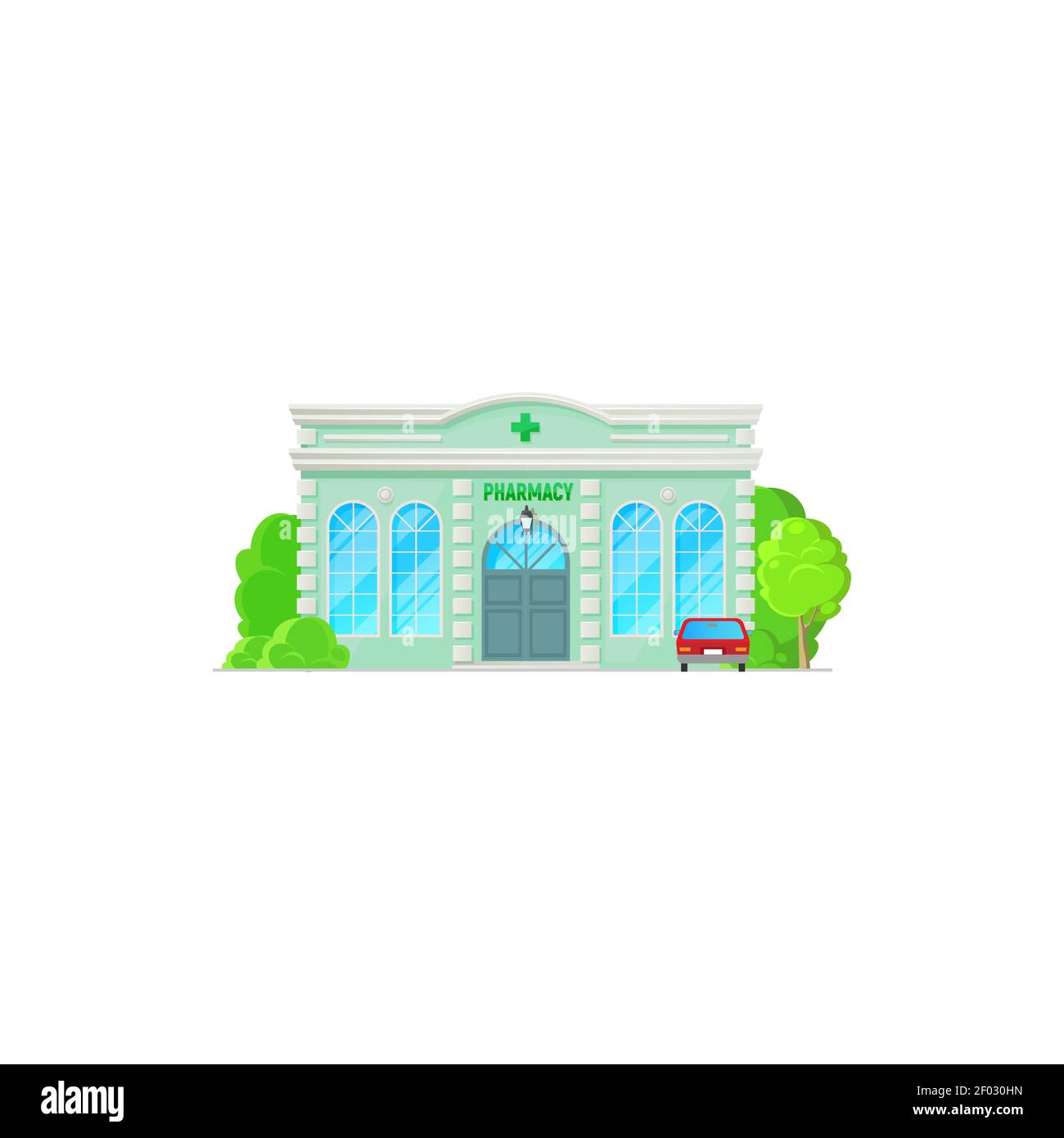 Modern pharmacy building isolated drugstore construction with green cross, parking zone and trees. Vector drugs store facade exterior, shopfront of me Stock Vector