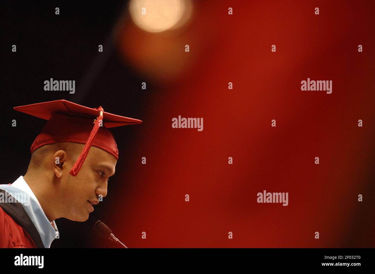 Jim Fabros, a graduate speaker, has a relative unable to attend his  graduation, so his speach is being streamed for the first time by the school,  at Montclair State University's graduation ceremony, image size:1300x953