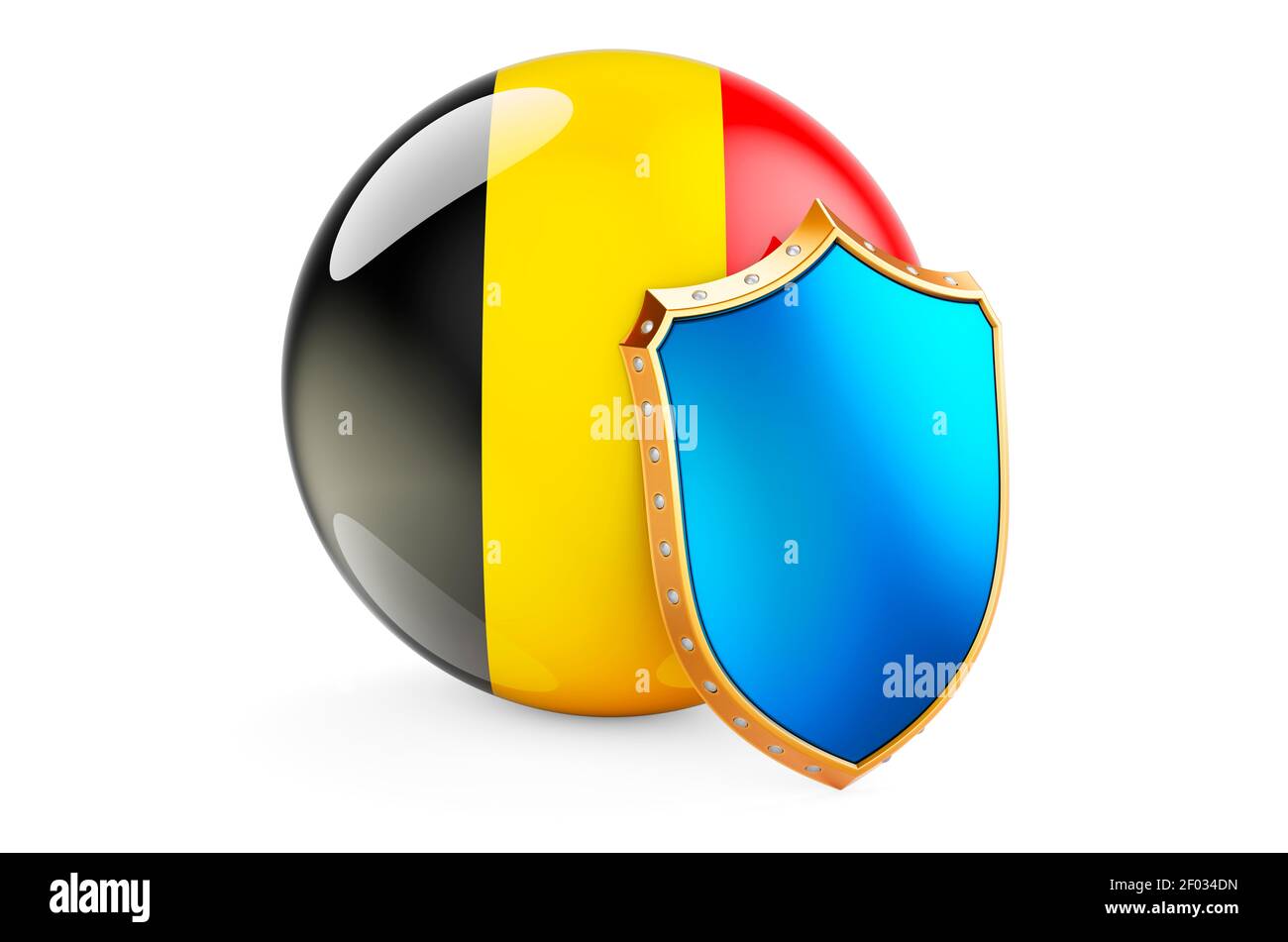 Belgian flag with shield. Protect of Belgium concept, 3D rendering isolated on white background Stock Photo