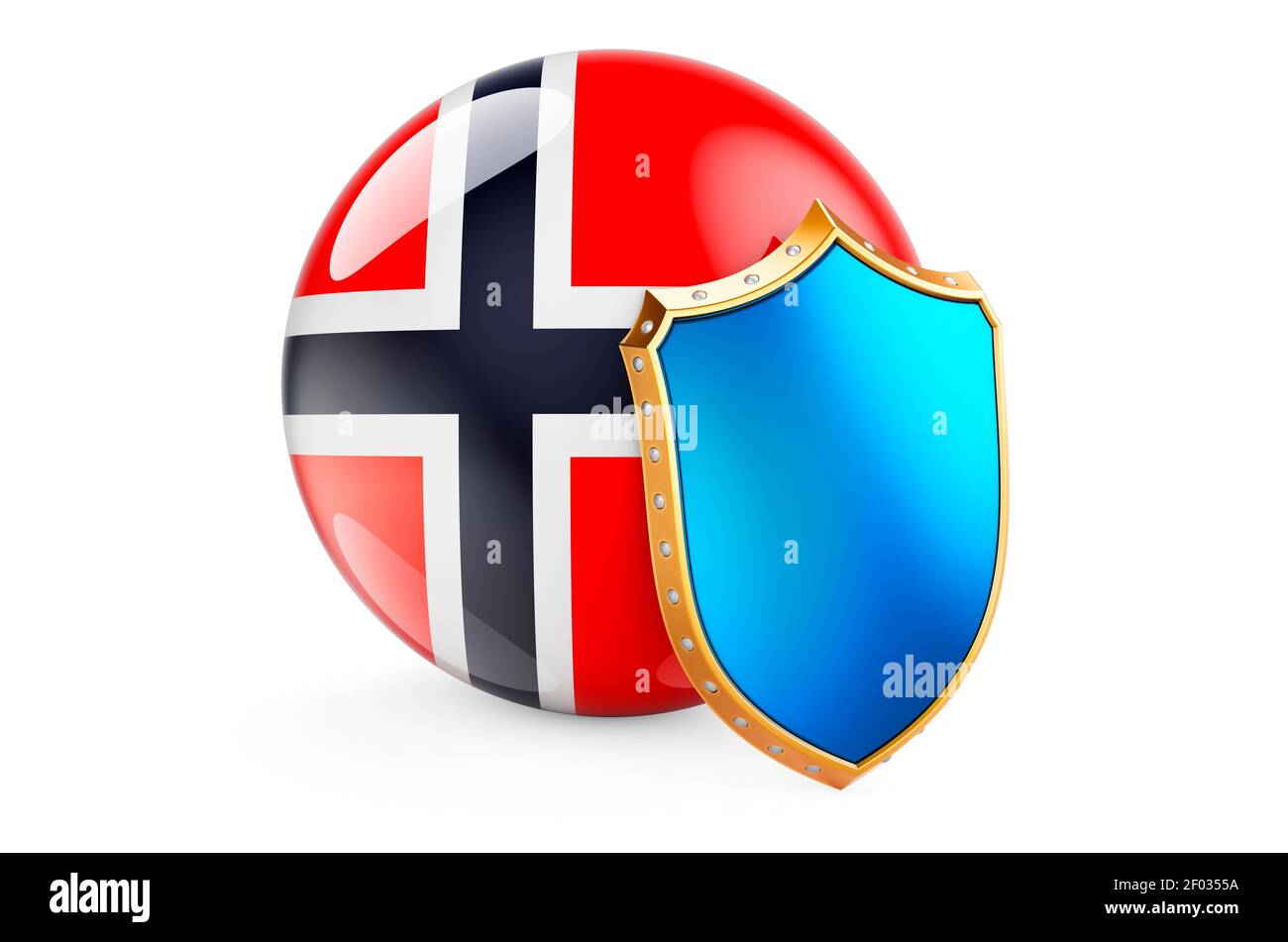 Norwegian flag with shield. Protect of Norway concept, 3D rendering isolated on white background Stock Photo