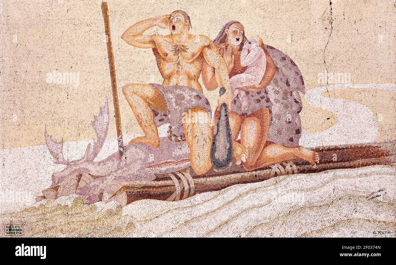 Mosaic mural in Milan's central station. Prehistoric family on wooden ...