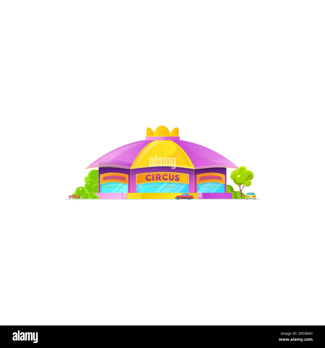 Circus building and trees, facade exterior design, crown on roof. Vector big top circus isolated building, parking zone with cars, green trees. Entert Stock Vector