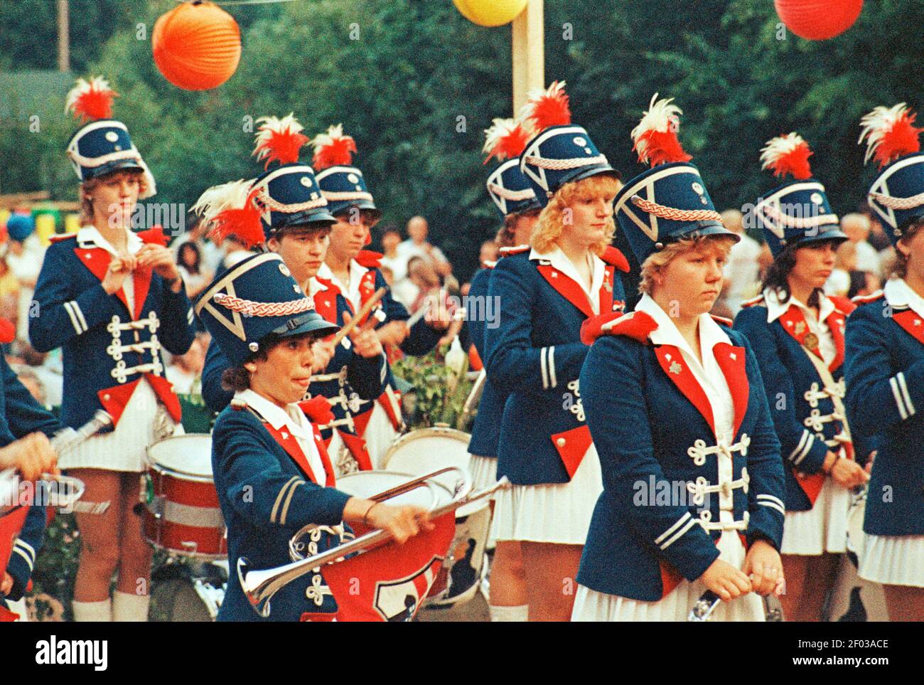 girls at a corps of drums, July 09, 1983, Einberg Lake Festival, Wenholthausen, Eslohe, Sauerland, North Rhine-Westphalia, Germany Stock Photo