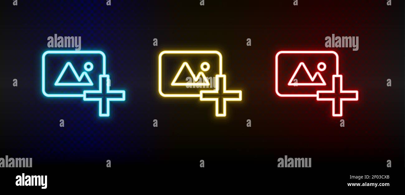 photo, add neon icon set. Set of red, blue, yellow neon vector icon ...