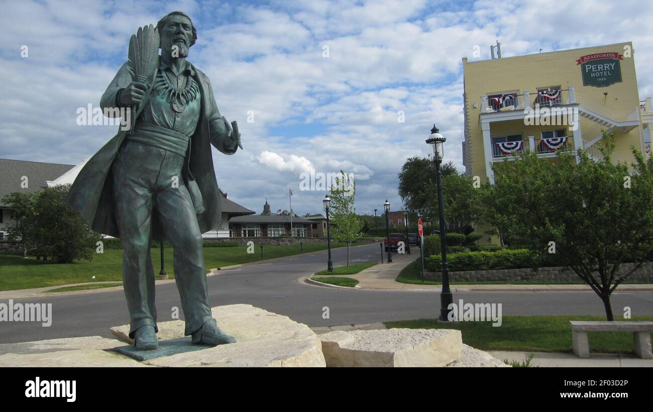 A statue of Ignatius Petoskey stands in downtown Petoskey, Michigan, near the Stafford's Perry