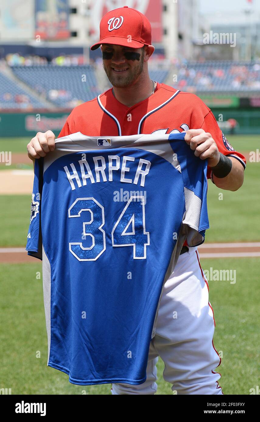 Washington Nationals right fielder Bryce Harper (34) holds National League  All-Star Game jersey before the Nationals game against the Colorado Rockies  at Nationals Park in Washington, D.C, Sunday, July 8, 2012. (Photo