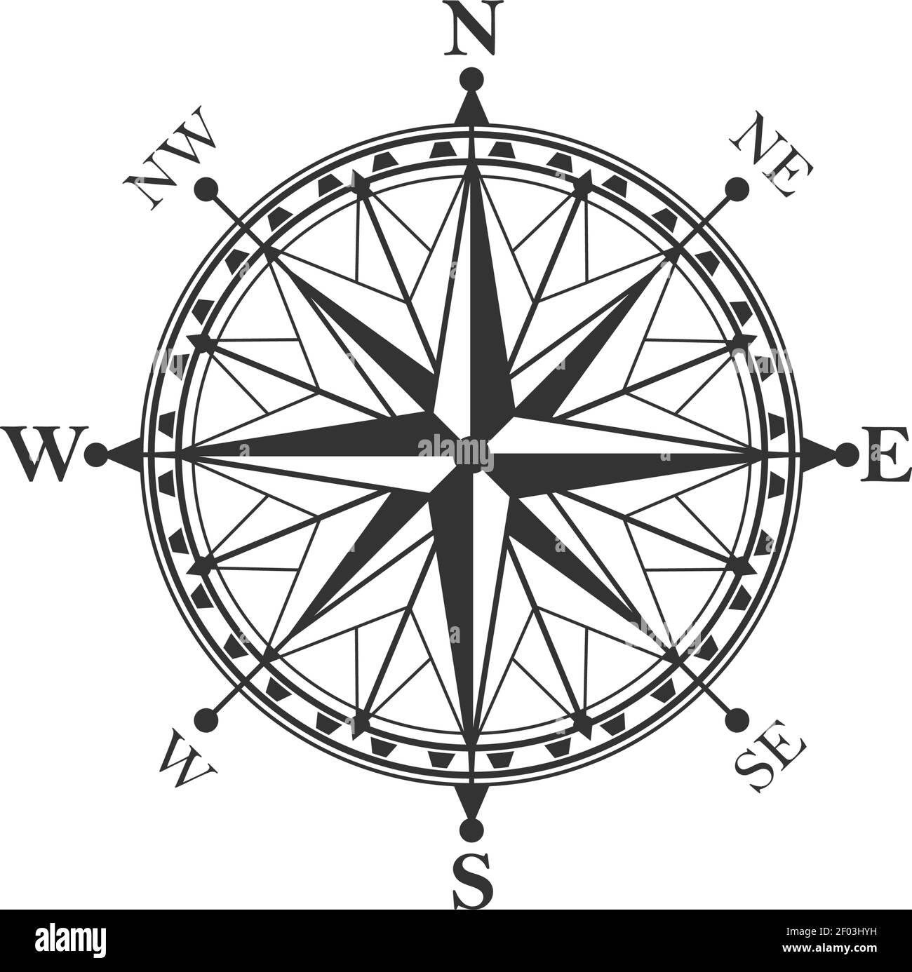 Compass symbol and sign, isolated vector marine navigation element. Rose of wind heraldic monochrome signs with world sides, north and south, west and Stock Vector