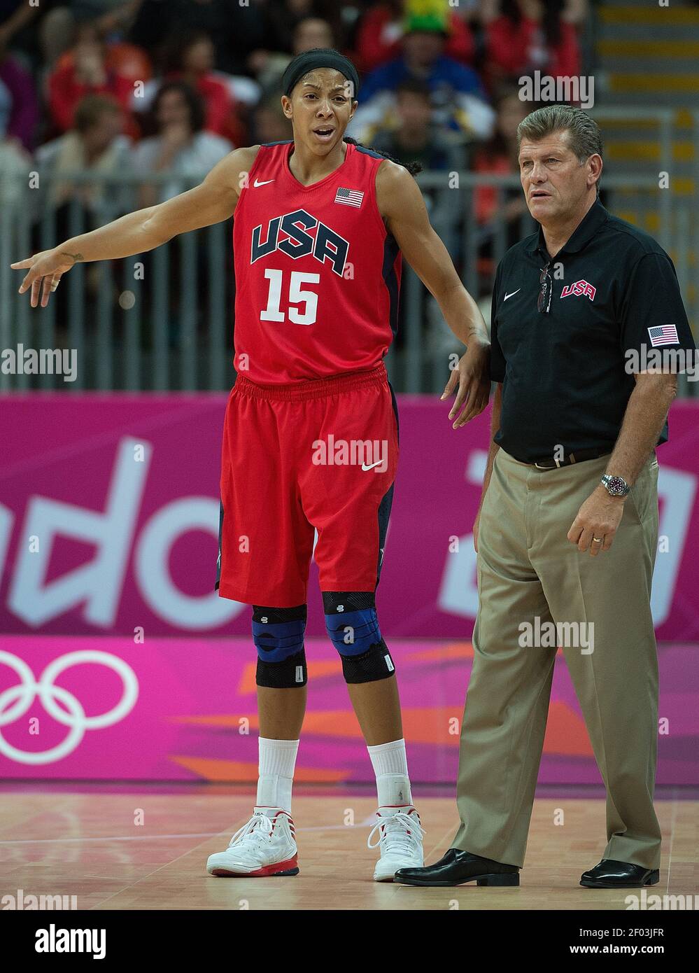 USAs Womens Olympic Team Head Coach Geno Auriemma talks with Candace  Parker (10) during their game against Angola at the Basketball Arena at the  Olympic Park during the 2012 Summer Olympic Games