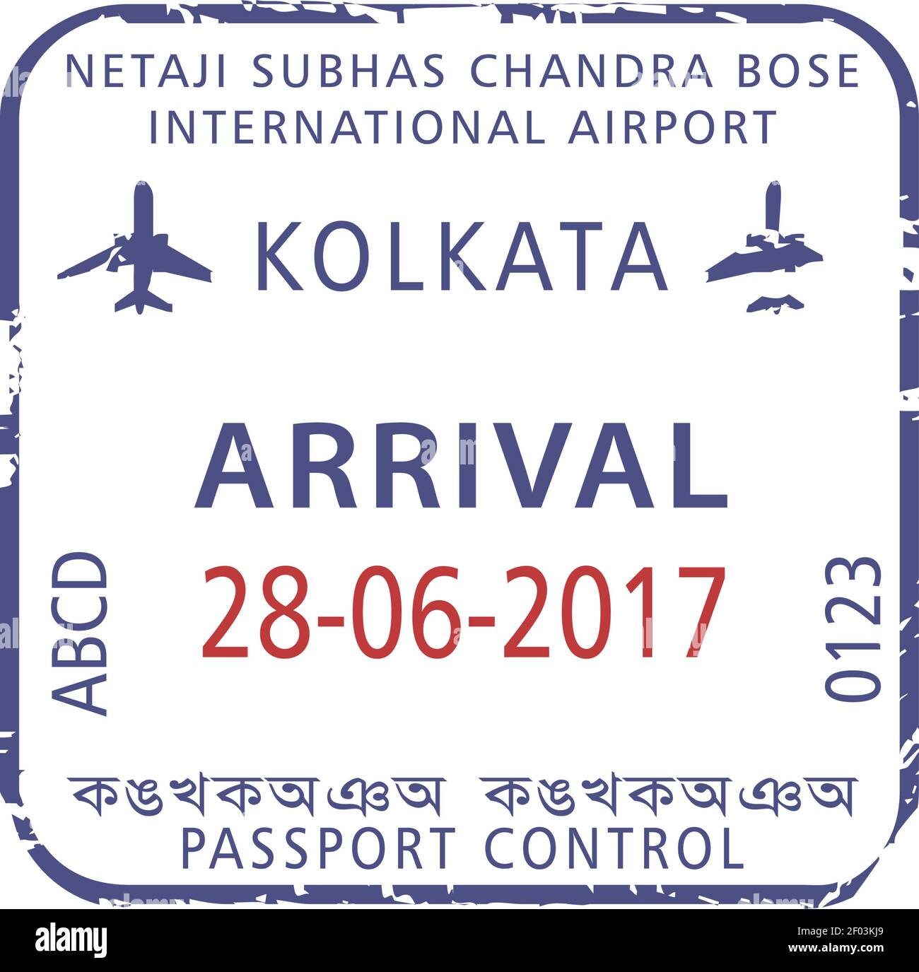 Kolkata west Bengal Indian state isolated visa stamp. Vector passport control in Netaji International airport Stock Vector