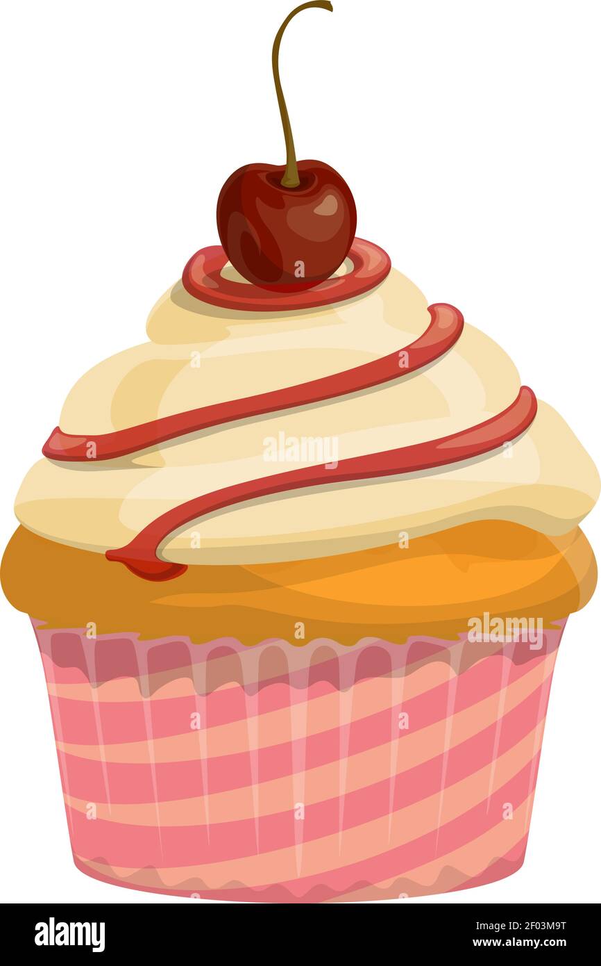 Cupcake with whipped cream and cherry isolated. Vector homemade buttercream cake topped by berry Stock Vector