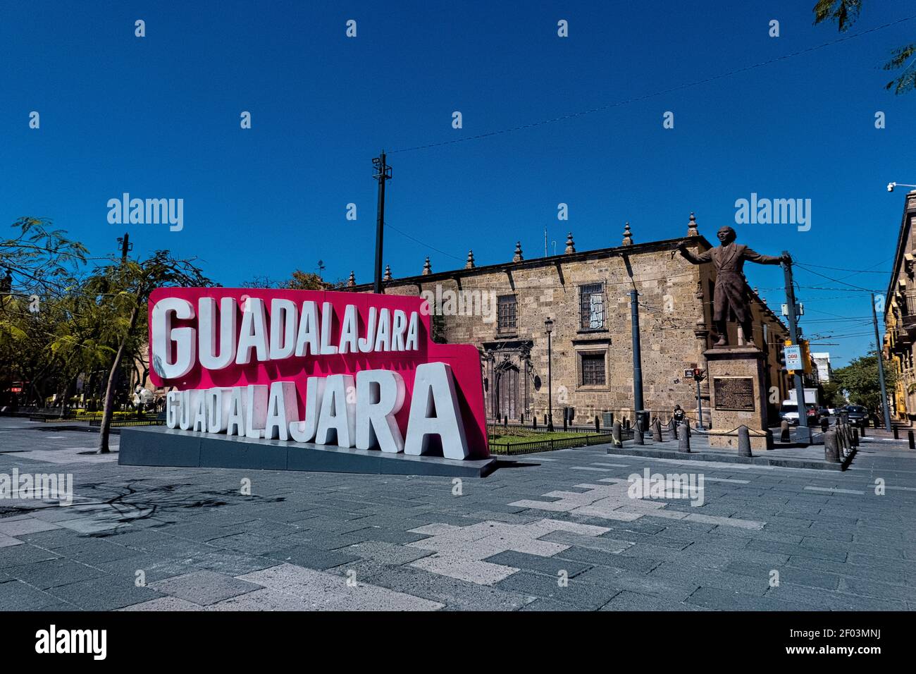 Monument to Miguel Hidalgo and welcome sign, Guadalajara, Jalisco, Mexico Stock Photo