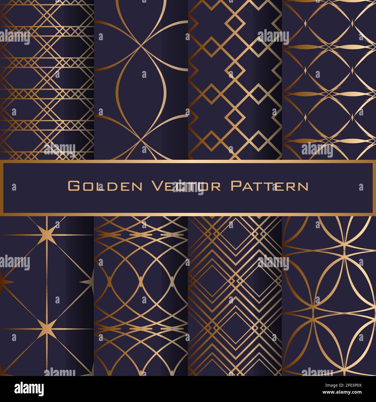 Set of Golden Geometric Seamless Patterns. Luxury design for textile, faabric, wrapping paper. EPS 10 vector illustration. Blue background. Stock Vector