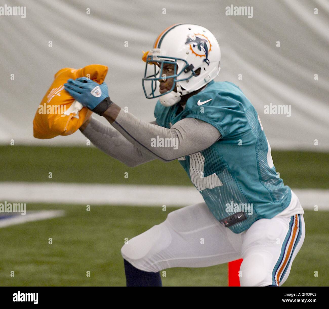 Miami Dolphins running back Reggie Bush works with a sandbag during  practice at Dolphins training camp at NSU in Davie, Florida, Monday, August  6, 2012. (Photo by Joe Rimkus Jr./Miami Herald/MCT/Sipa USA