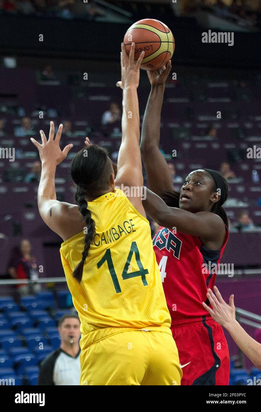 USA's Tina Charles (14) shot is block by Australia's Elizabeth Cambage (14)  during their semifinals game at the Basketball Arena at the North Greenwich  Arena during the 2012 Summer Olympic Games in