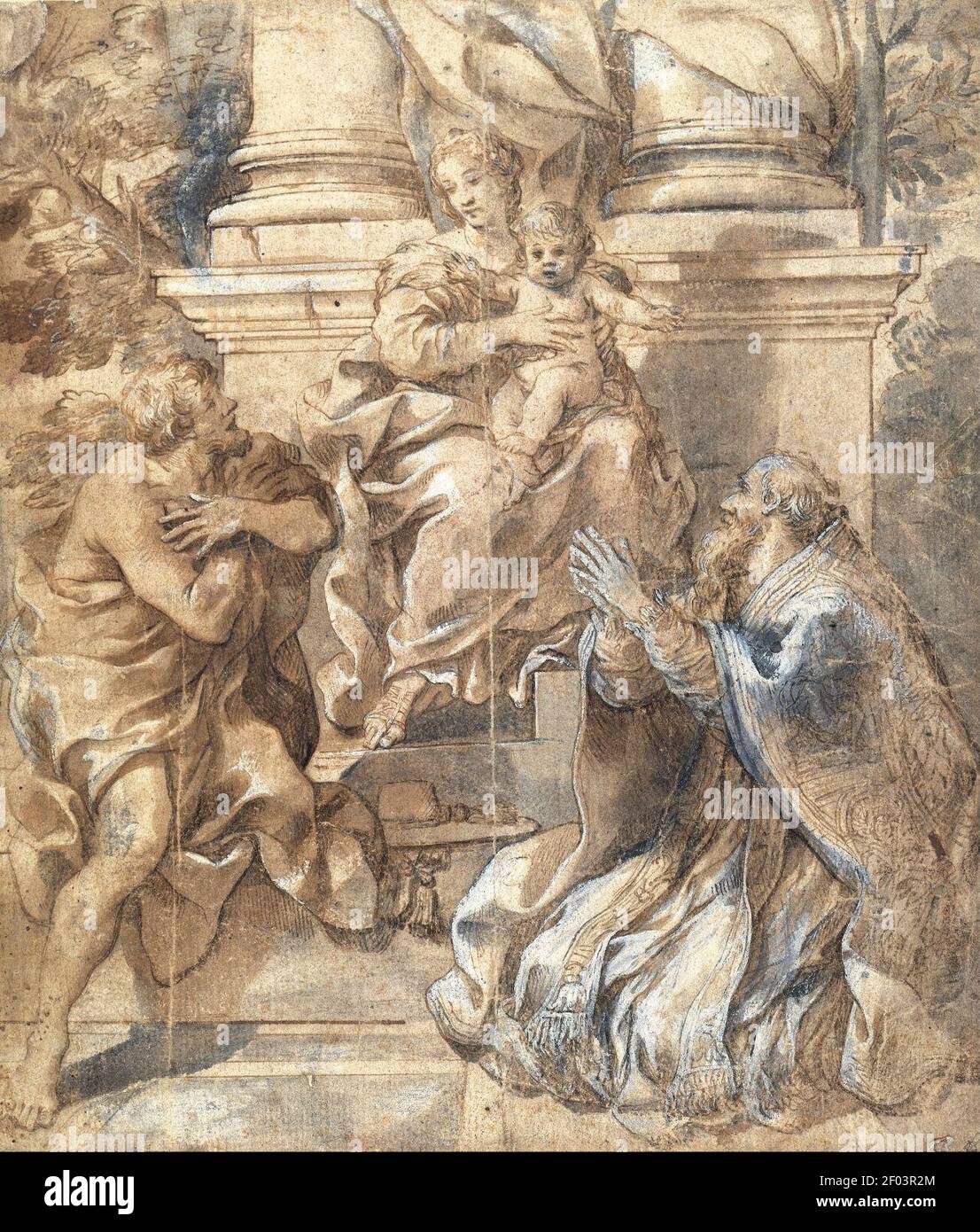 Pietro da Cortona (Pietro Berrettini) - Madonna and Child, Saint John the Baptist and Pope Stephen Stock Photo