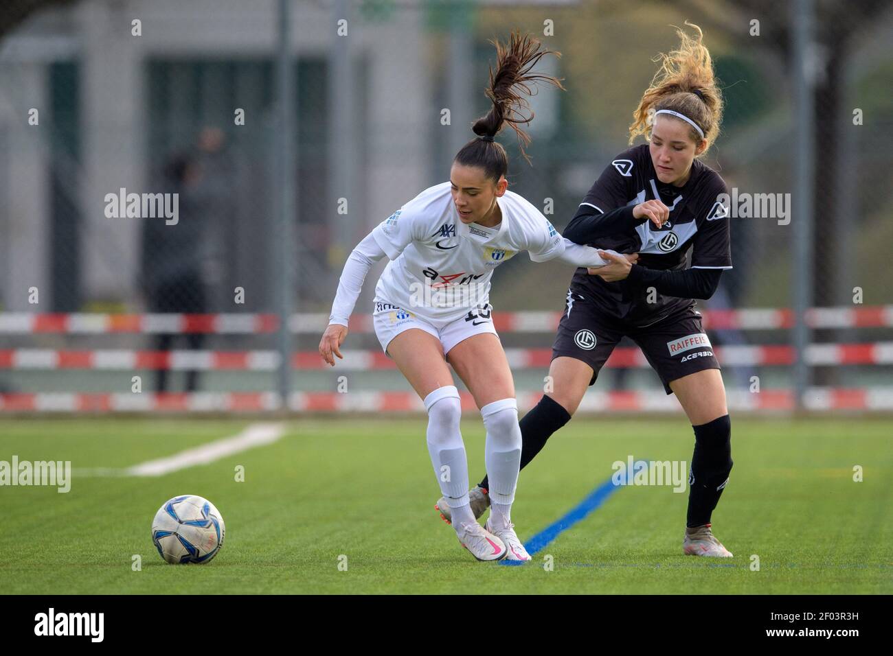 Lugano, Switzerland. 06th Mar, 2021. Lorena Baumann (#22 FC Zuerich) and  Luna Gianotti (#7 FC Lugano) during the Axa Womens Super League match  between FC Lugano and FC Zuerich at Cornaredo Stadium