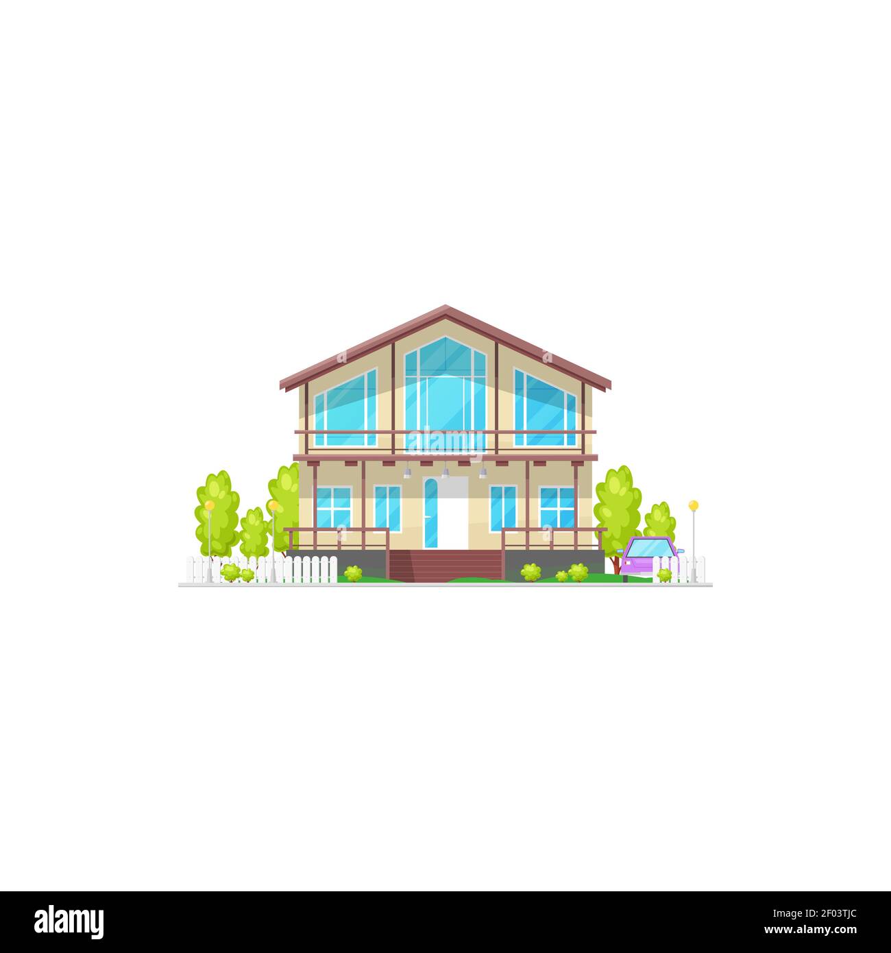 Modern cosy house with chimney and green trees isolated icon. Vector ...