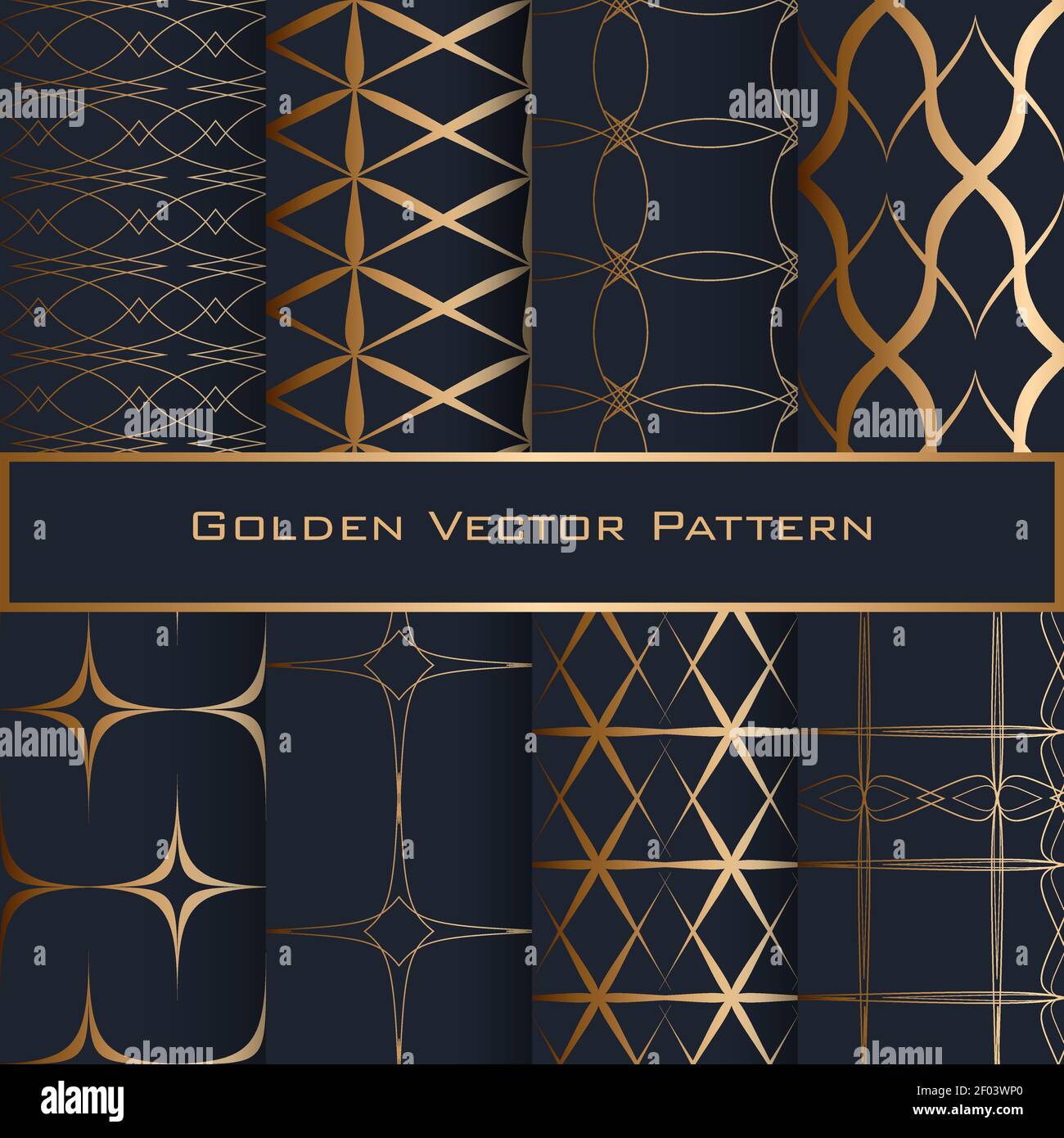 Set of Golden Geometric Seamless Patterns. Luxury design for textile, faabric, wrapping paper. EPS 10 vector illustration. Blue background. Stock Vector