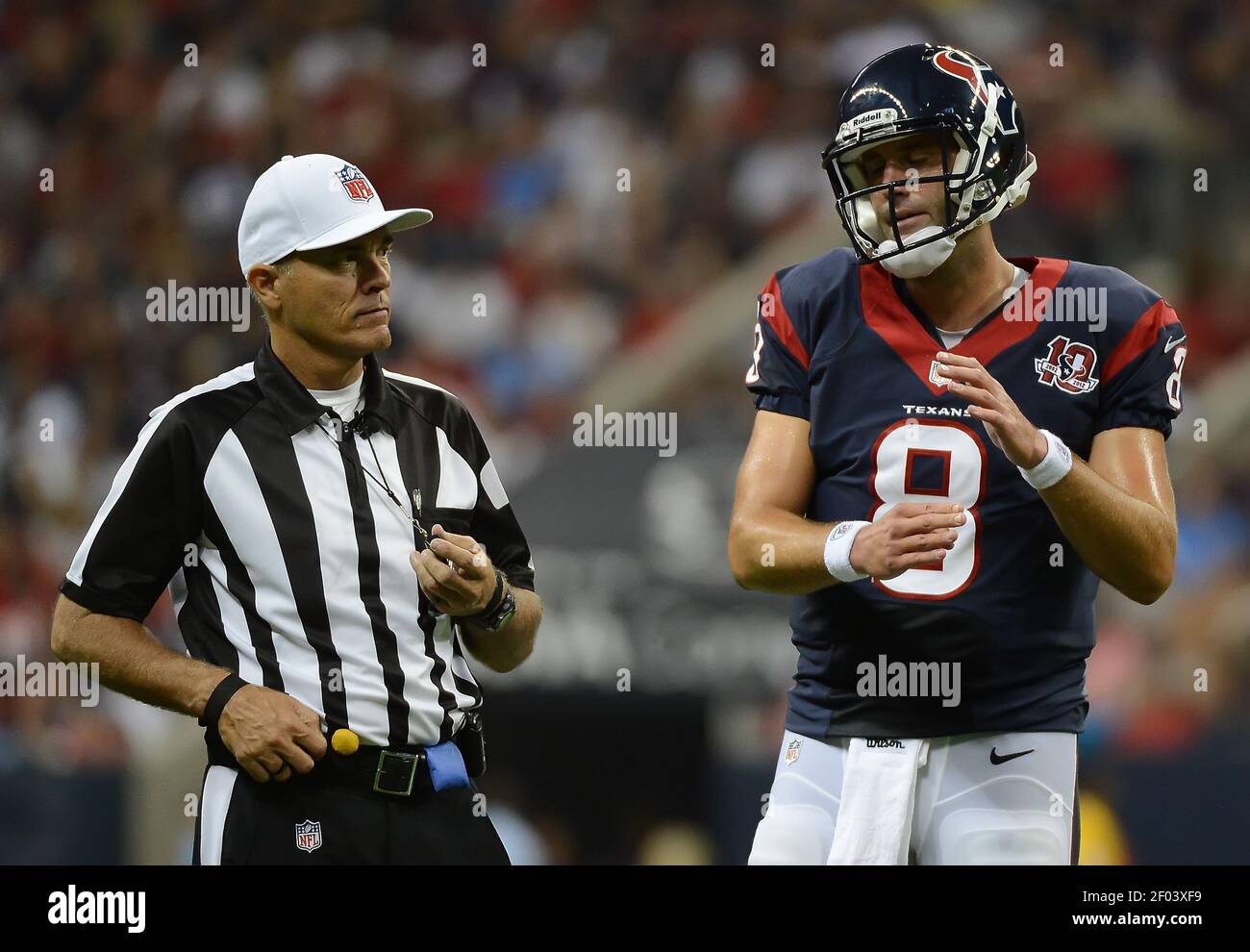Quarterback Matt Schaub (8) of the Houston Texans looks to referee Wayne  Elliott to call a time out against the San Francisco 49ers in the first  half of their preseason game on