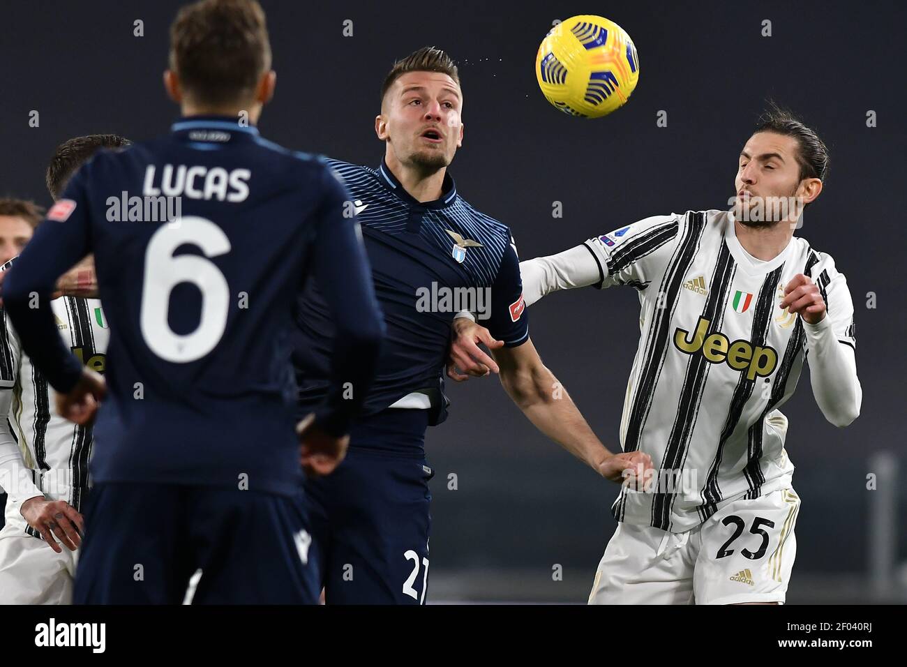 Turin, Italy. 06th Mar, 2021. Sergej Milinkovic-Savic of SS Lazio and  Adrien Rabiot of Juventus FC compete for the ball during the Serie A  football match between Juventus FC and SS Lazio