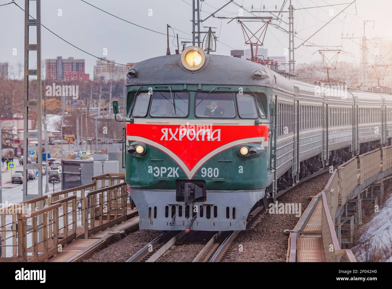 Moscow, Russia - March 04, 2021: Retro passenger train ER-2K number 980 ...