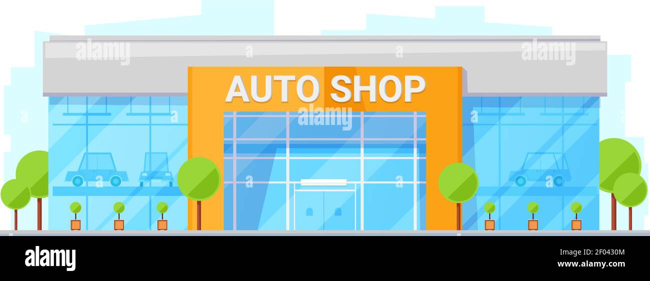 Car showroom vector flat building. Cars dealer center and auto shop
