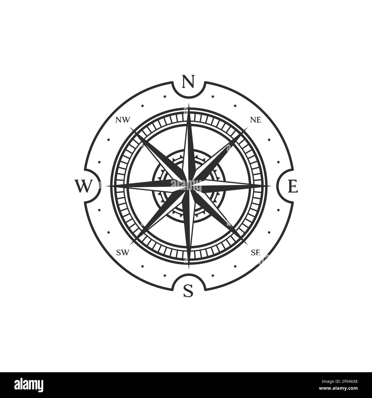 Maritime navigation instrument with arrows showing world side east or west, north or south isolated monochrome icon. Vector wind of rose, nautical mar Stock Vector