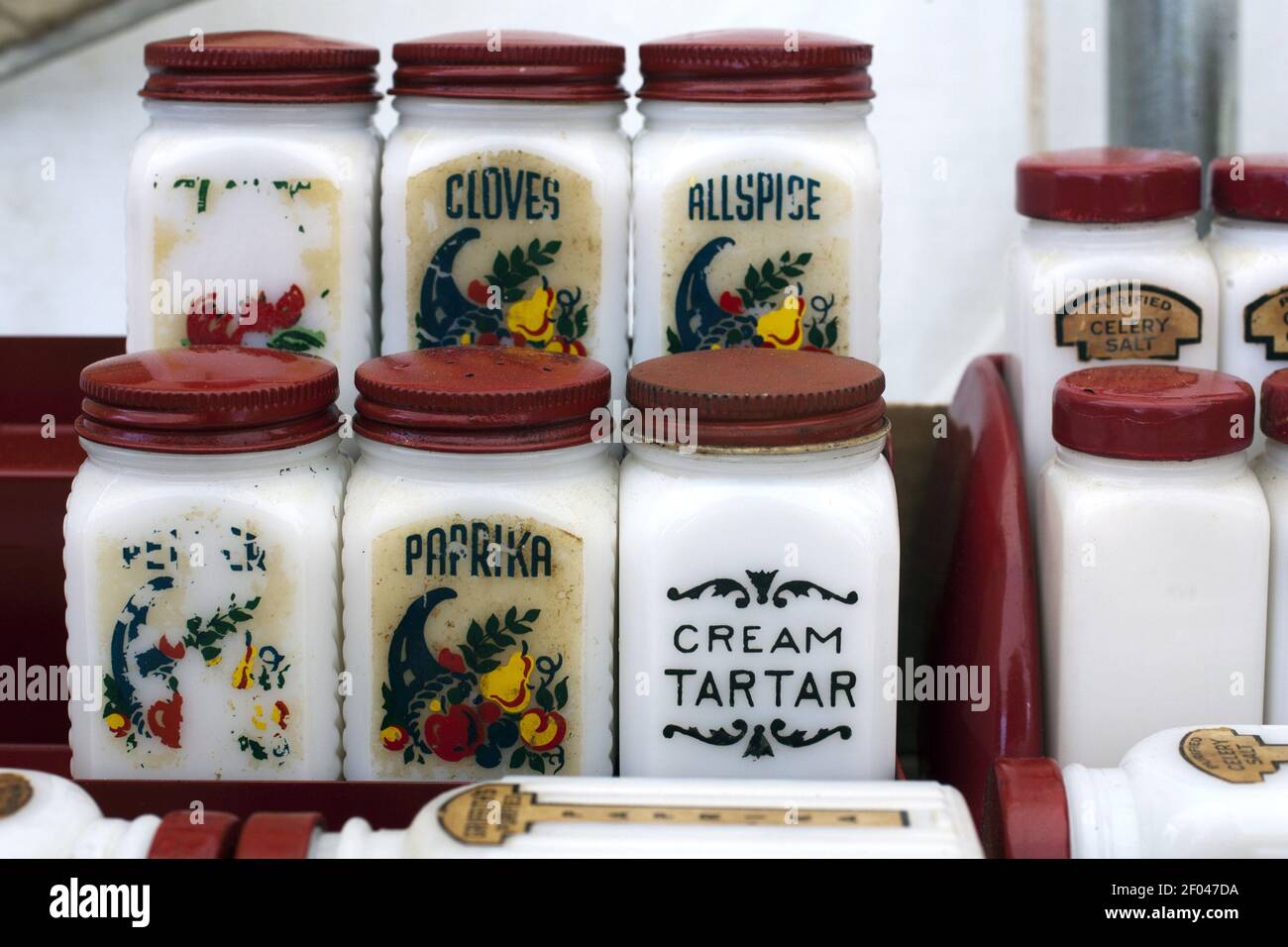 Vintage milk glass spice jars dating back to the 1930's and 1940's for sale  at the Sparks Antiques and Collectibles Flea Market. (Photo by Tammy  Ljungblad/Kansas City Star/MCT/Sipa USA Stock Photo -