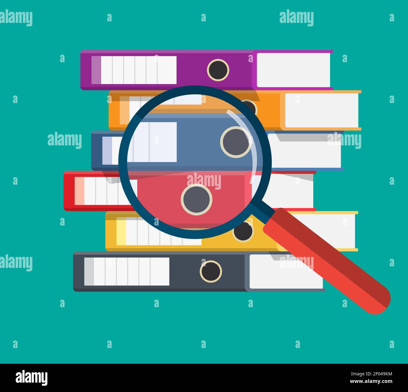 Files, ring binders and and magnifying glass, Stock Vector