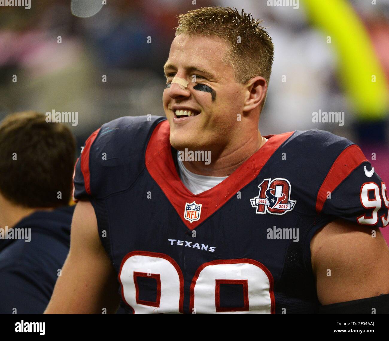 J.J. Watt (99) of the Houston Texans is shown before a game against the Green  Bay Packers on Sunday, October 14, 2012, in Houston, Texas. (Photo by  George Bridges/MCT/Sipa USA Stock Photo 