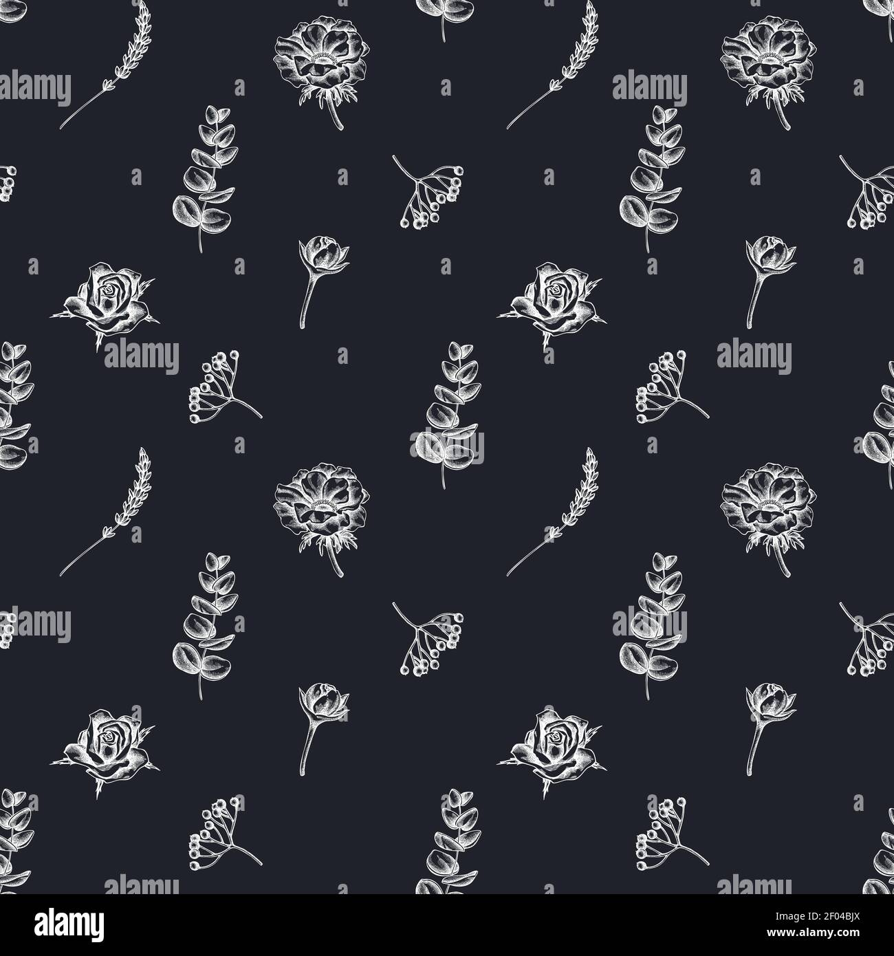 Seamless pattern with hand drawn chalk roses, anemone, eucalyptus ...