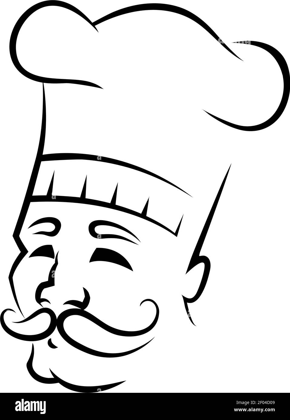 Smiling chef outline vector illustration. Italian baker in chef cap ink