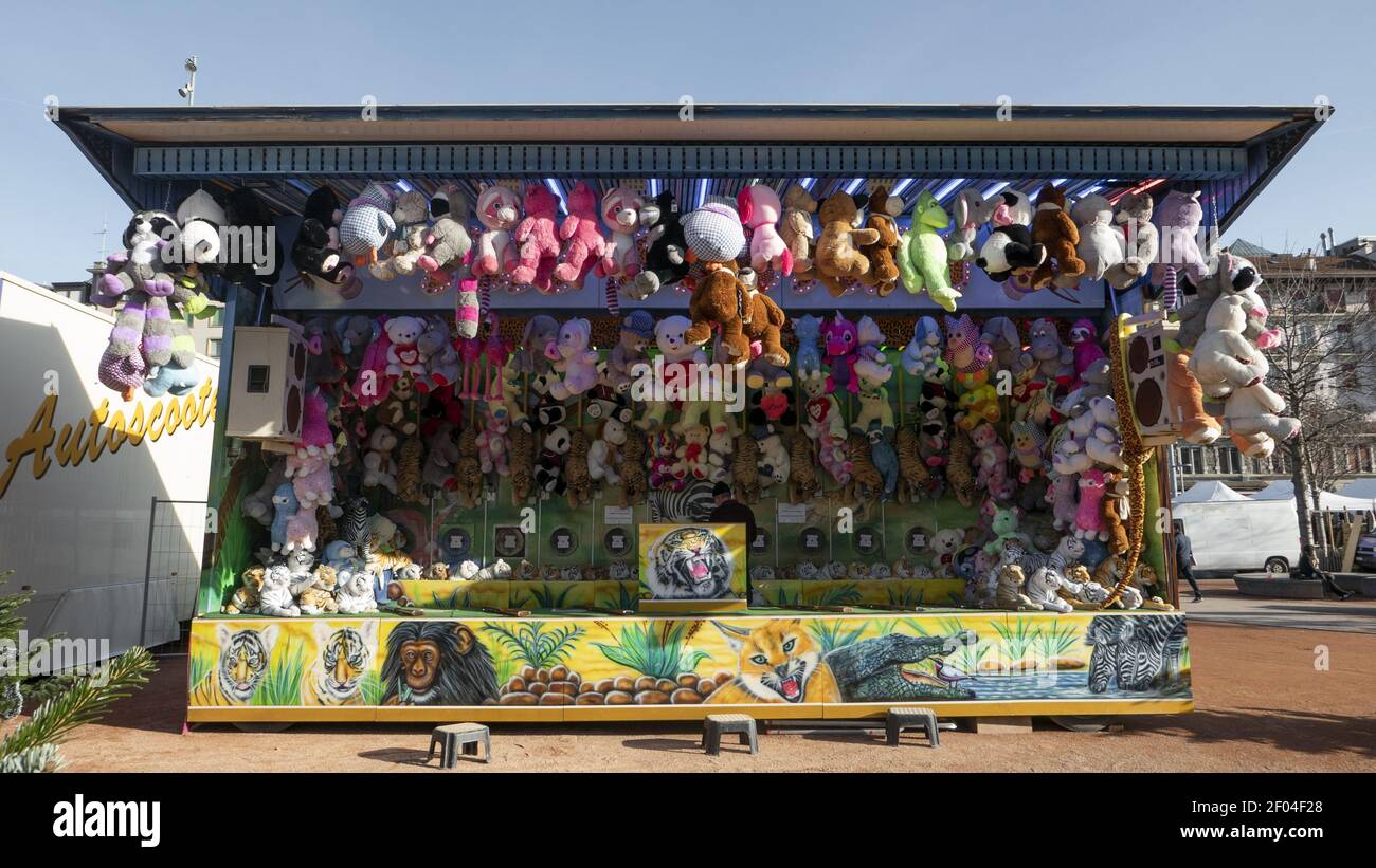 GENEVA, SWITZERLAND - Jan 04, 2020: Shooting gallery at the fun fair with lots of prizes Stock Photo