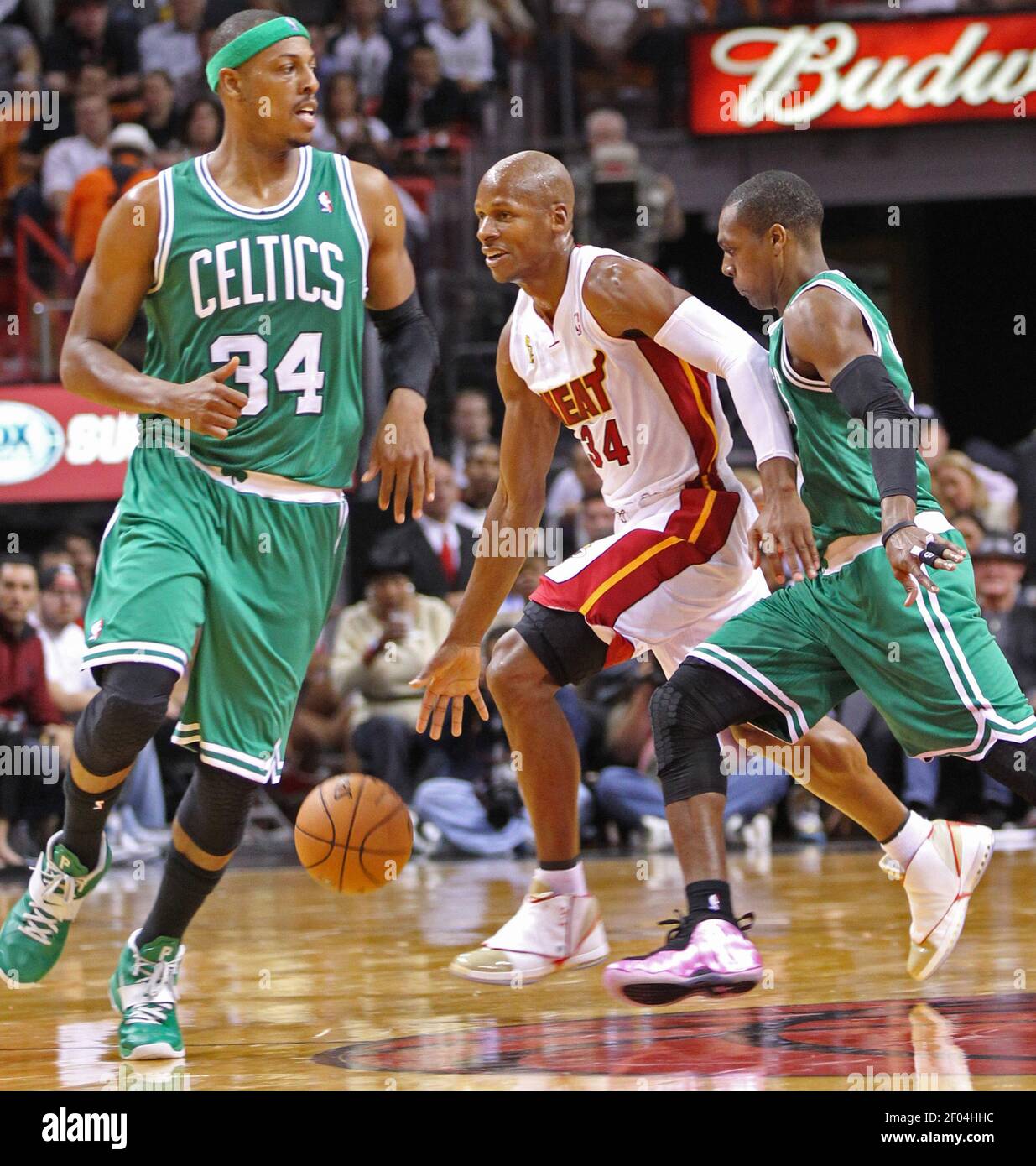 The Miami Heat's Ray Allen drives the ball as the Boston Celtics