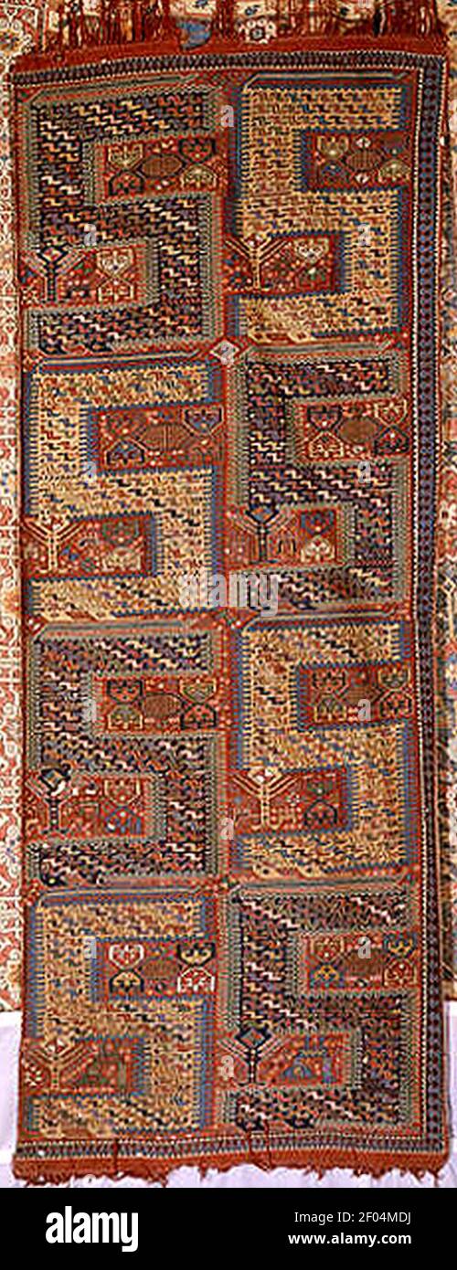 Pileless Dragon carpet from Azerbaijan, 19th century, wool, cotton, red warp, 249 x 100 cm, T138-1959. Stock Photo