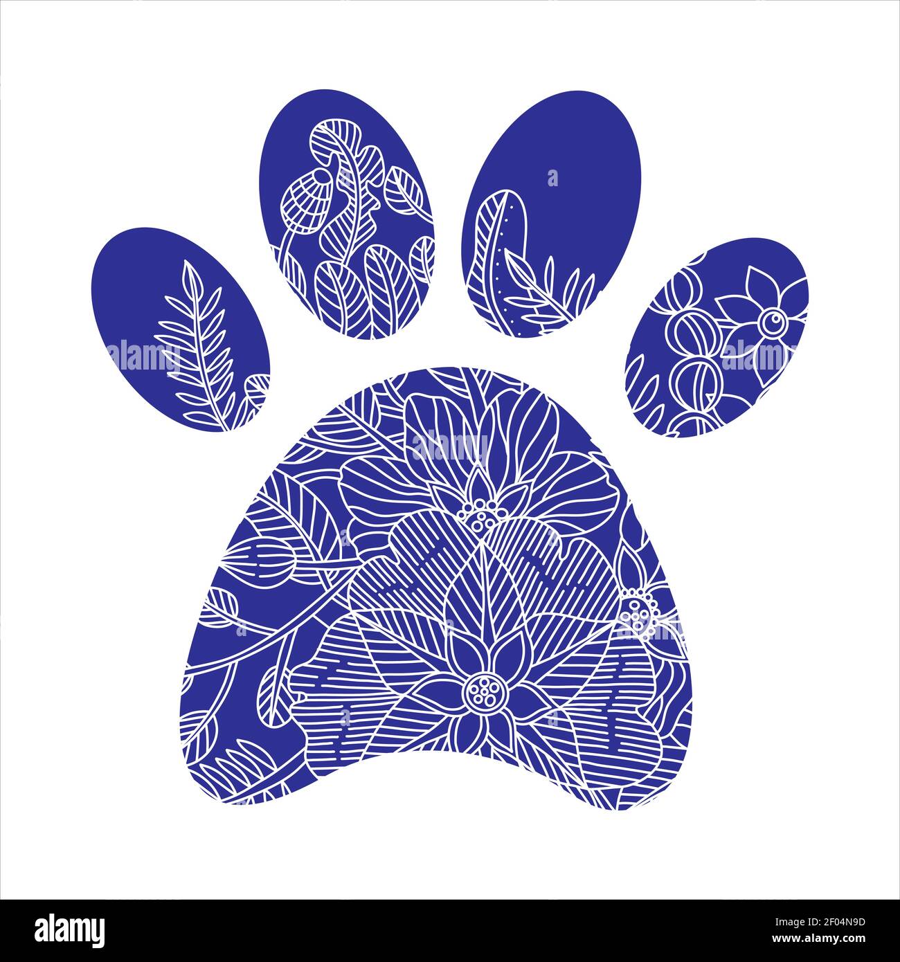 Silhouette of blue dog paws with doodle abstract flowers and leaves. Vector illustration, zentangle concept. Stock Vector