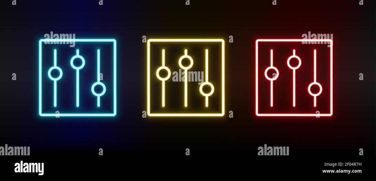 controls, options, settings neon icon set. Set of red, blue, yellow