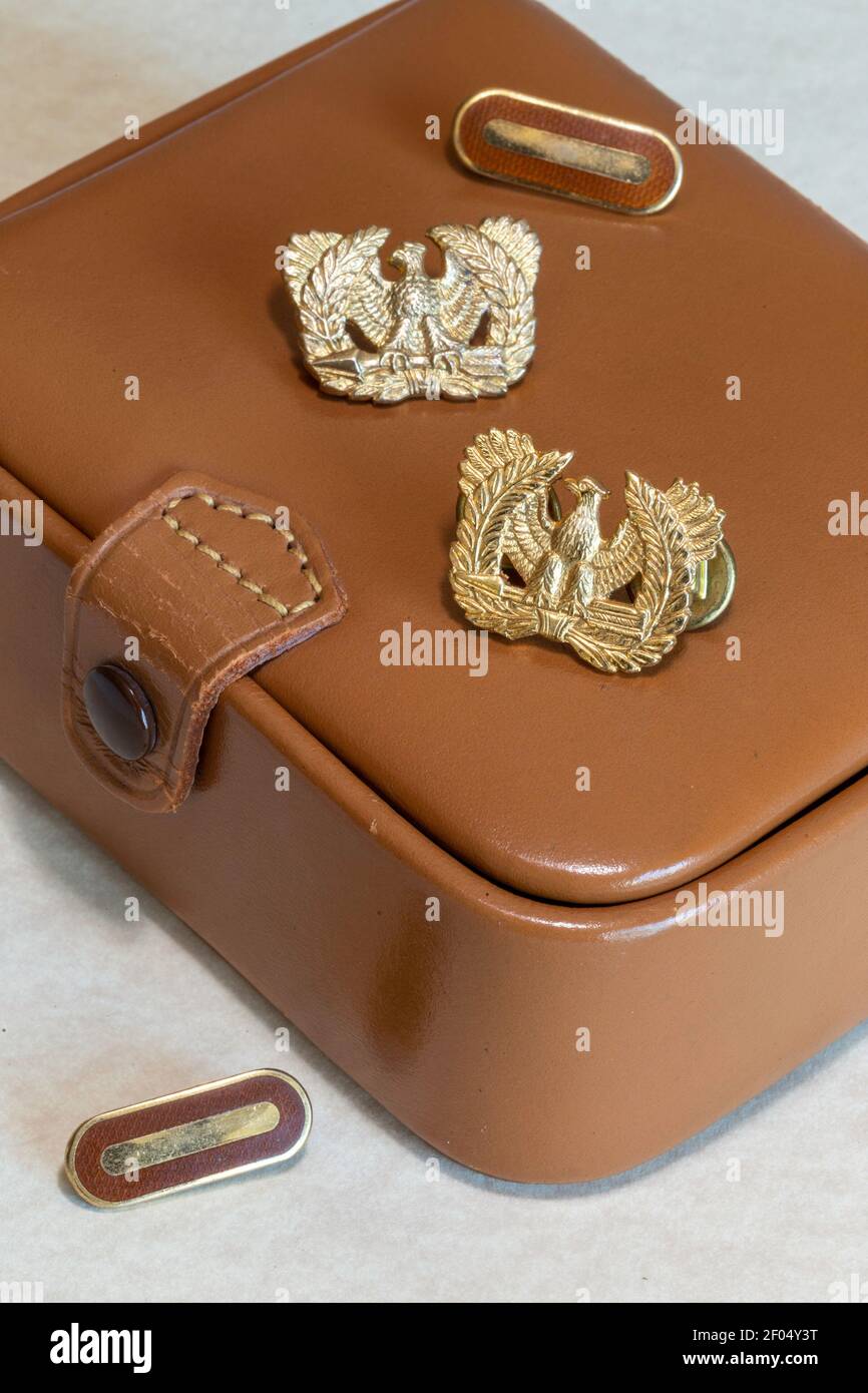 1940s U.S. Army chief warrant officer rank insignia on a leather case, USA Stock Photo