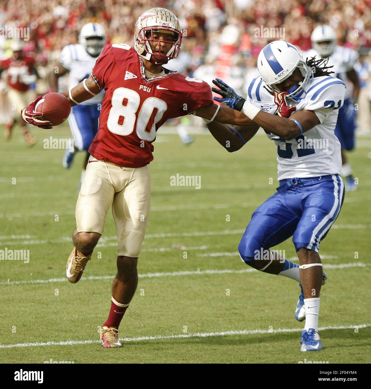 Florida State wide receiver Rashad Greene shrugs off Duke cornerback Tony  Foster (31) en route to a 71-yard touchdown reception at Doak Campbell  Stadium in Tallahassee, Florida, on Saturday, October 27, 2012. (
