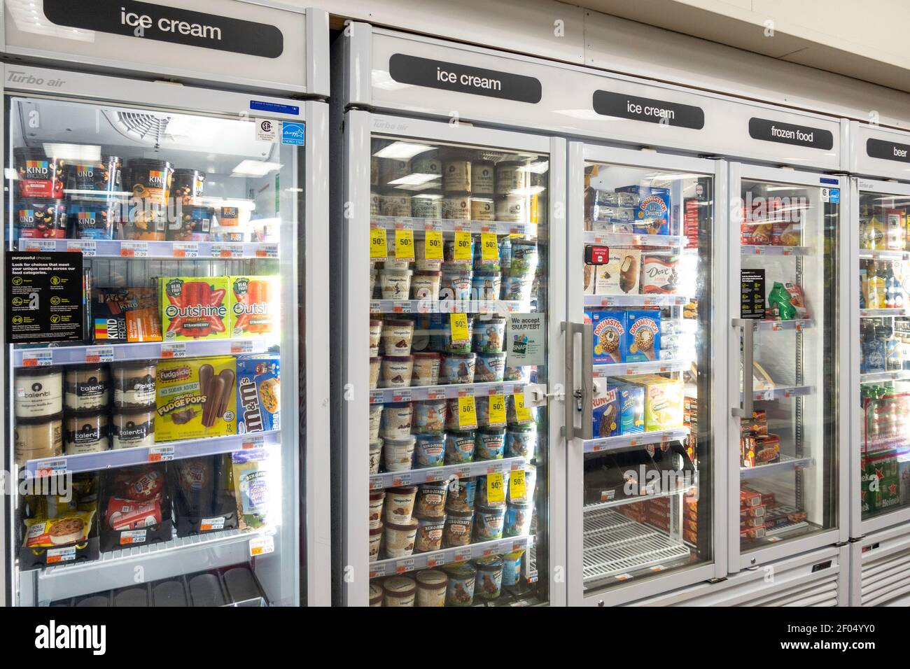 Refrigerated Ice Cream and Frozen Food Section ia a CVS Drugstore, NYC, USA Stock Photo