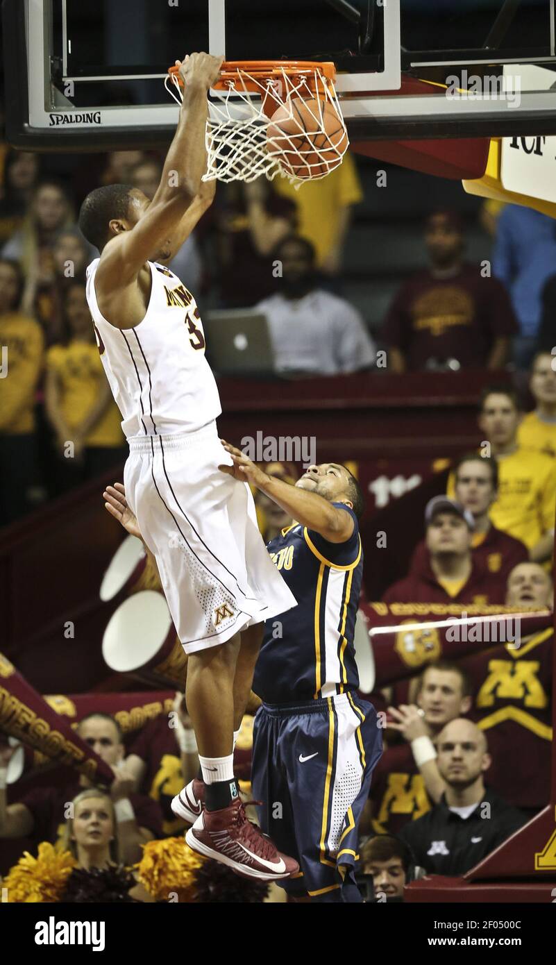 Minnesota Gophers Rodney Williams Jr. dunks the ball in the first half of a basketball game against the Toledo Rockets at Williams Arena on the campus of the University of Minnesota in Minneapolis, Minnesota, on Monday, November 12, 2012. (Photo by Renee Jones Schneider/Minneapolis Star Tribune/MCT/Sipa USA) Stock Photo