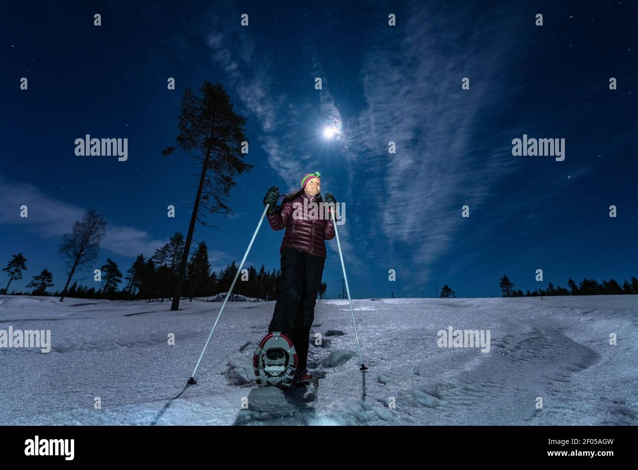 Beautiful middle aged Caucasian women in magenta haze jacket and snow shoes stands in night rare snowy winter forest under full moon light and looks t Stock Photo