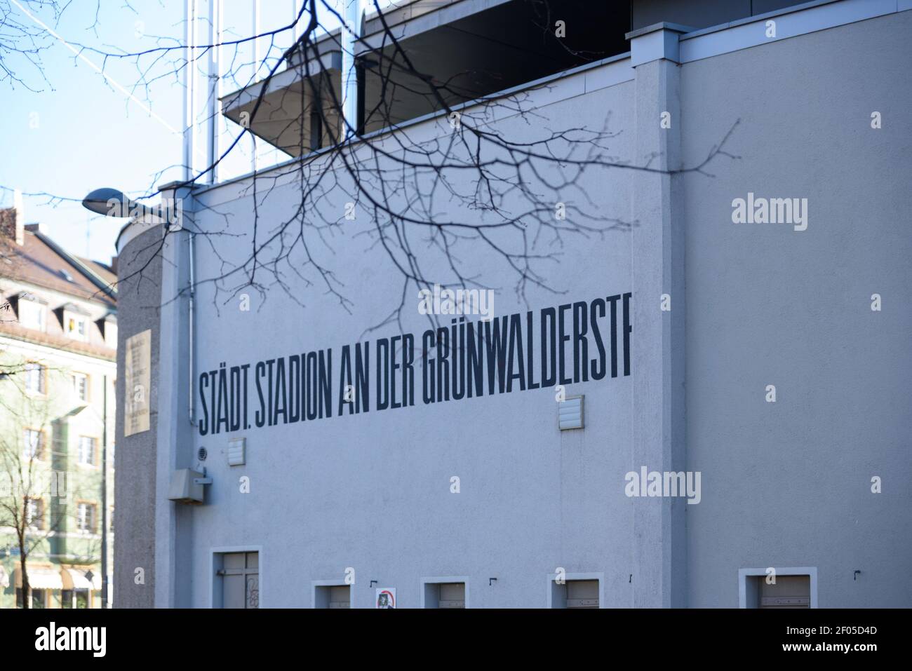 Munich, Germany. 06th Mar, 2021. Outside wall of the Gruenwalder Stadion with historical sign Credit: SPP Sport Press Photo. /Alamy Live News Stock Photo
