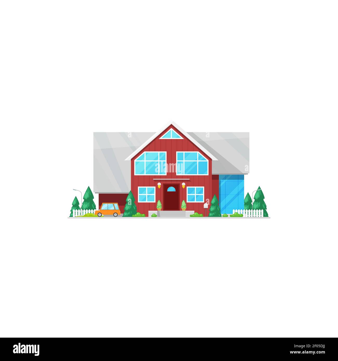 House in flat style with retro car, entrance door and windows. Vector