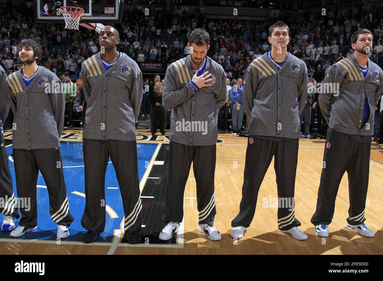 Minnesota Timberwolves' Ricky Rubio, Anthony Tolliver, Kevin Love. Darko  Milicic and Brad Miller stand for the National Anthem wearing throwback  uniforms and warm-ups of the Minnesota Muskies before taking on the Indiana