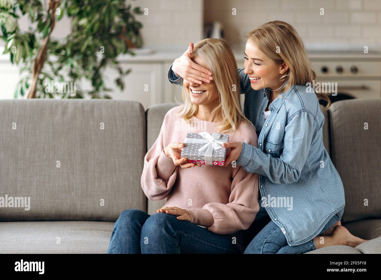 Smiling young adult daughter makes an unexpected surprise to her middle  aged attractive mom, gives her a gift, covering her eyes with self hand,  sitting at living room. Friendship of mom and