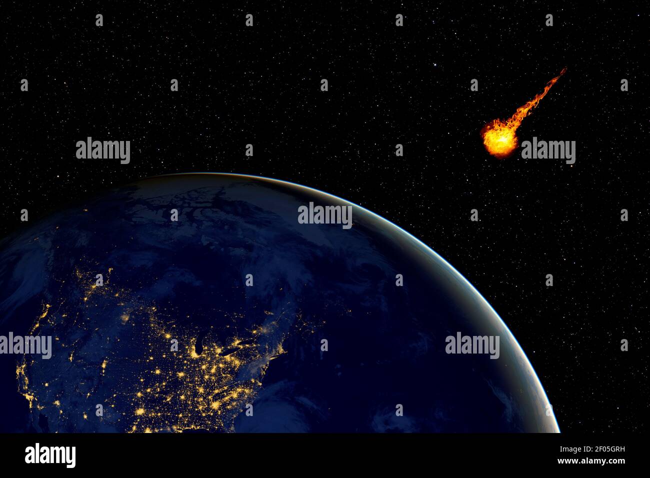 Dangerous asteroid approaching planet Earth, total disaster and life extinction, elements of this image furnished by NASA Stock Photo