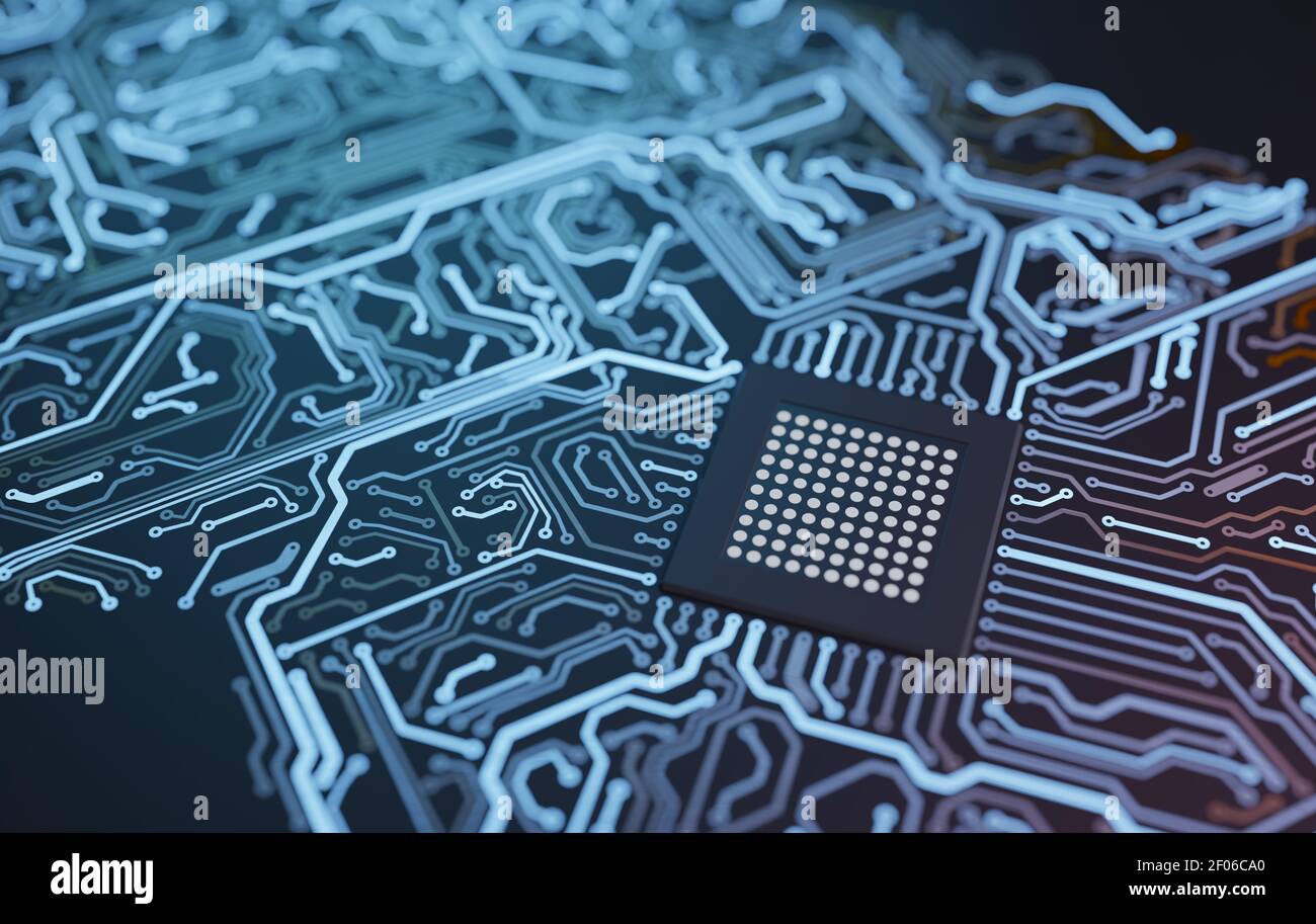 Electronic circuit with microchip. 3D rendered illustration Stock Photo ...