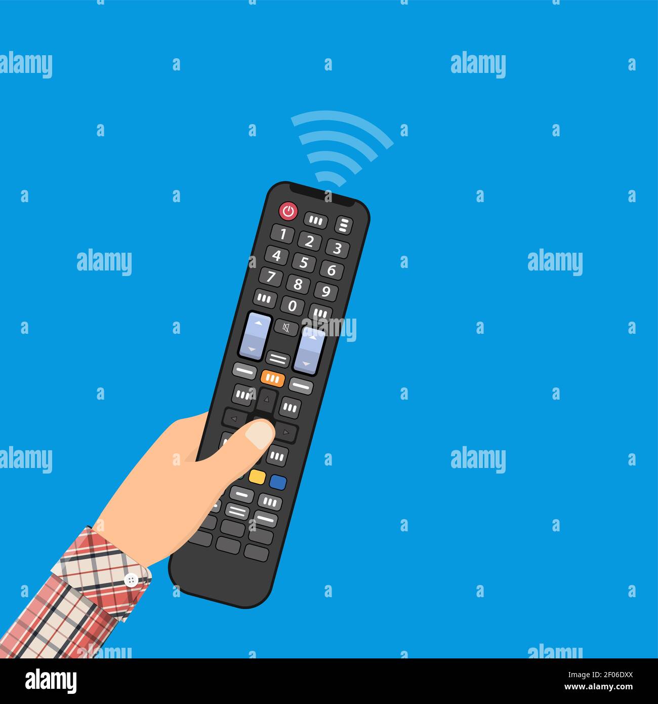 Human hand with black modern remote TV Control Stock Vector